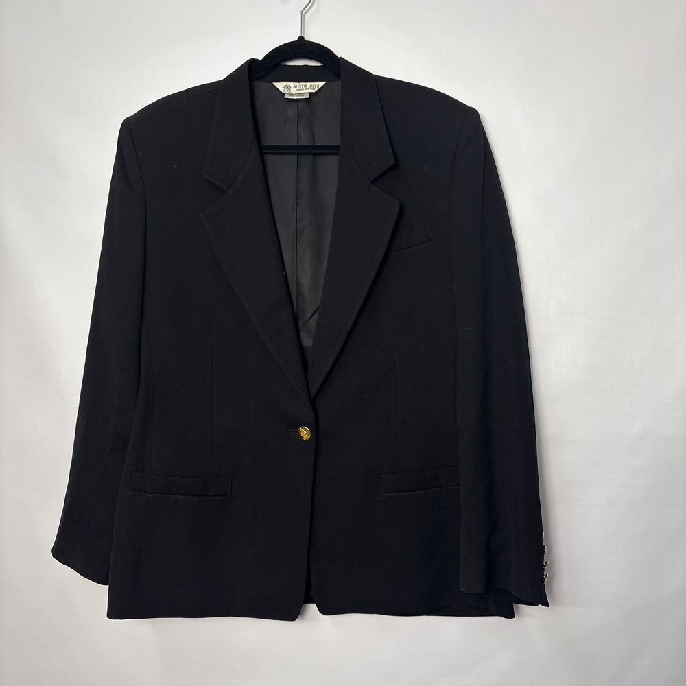 Austin Reed Black 100% Wool Single Button Blazer Gold Crest Buttons Made in USA